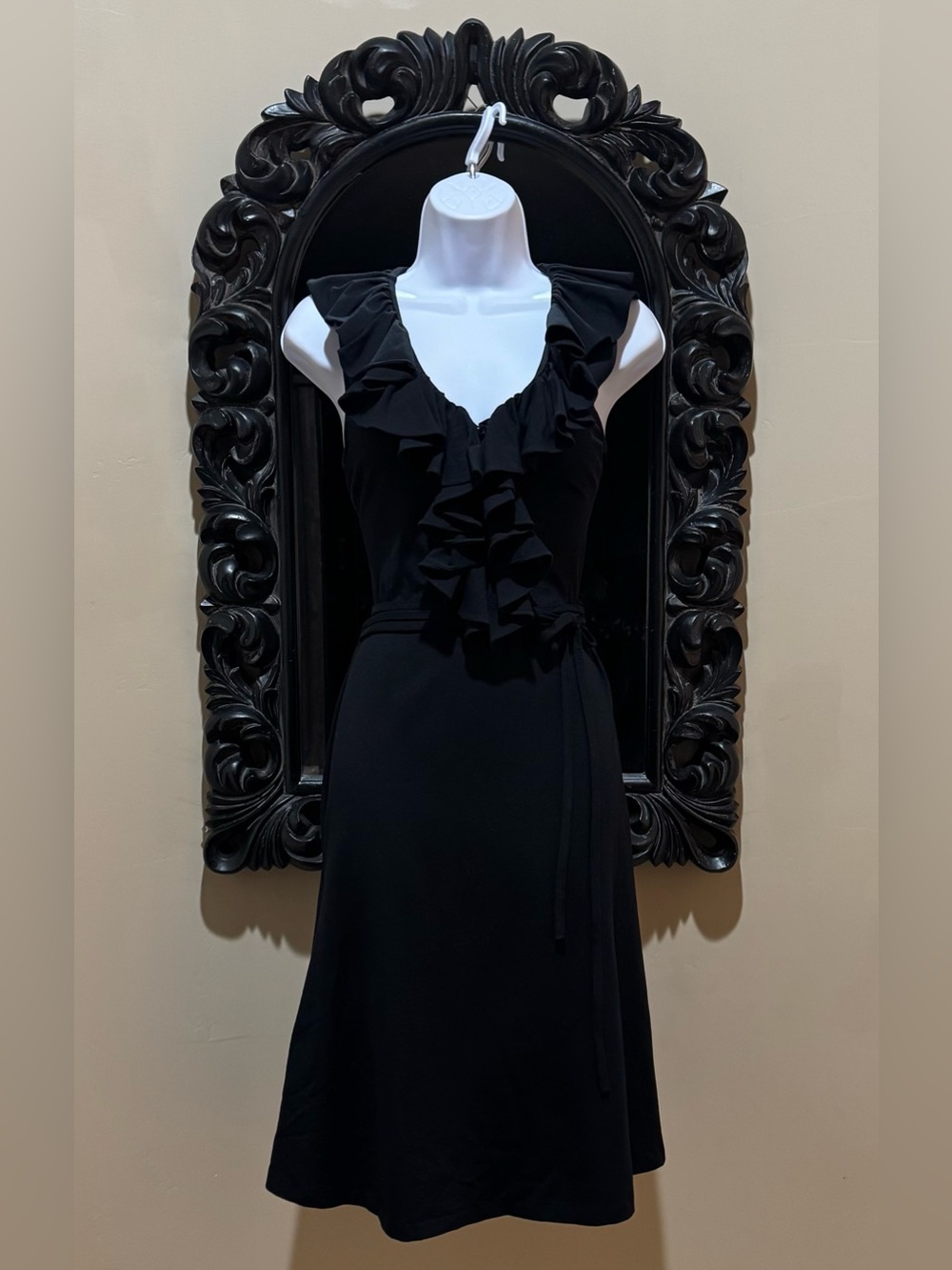 Lauren Ralph Lauren Black Sleeveless Ruffle V-Neck Midi Jersey Dress